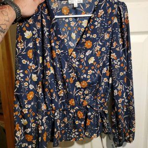 Long-Sleeve Navy Floral Peplum Top (S)